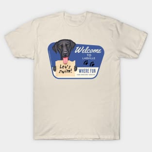 Fun black lab with let's swim sign in Labville, USA T-Shirt